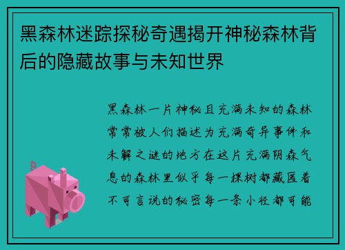 黑森林迷踪探秘奇遇揭开神秘森林背后的隐藏故事与未知世界